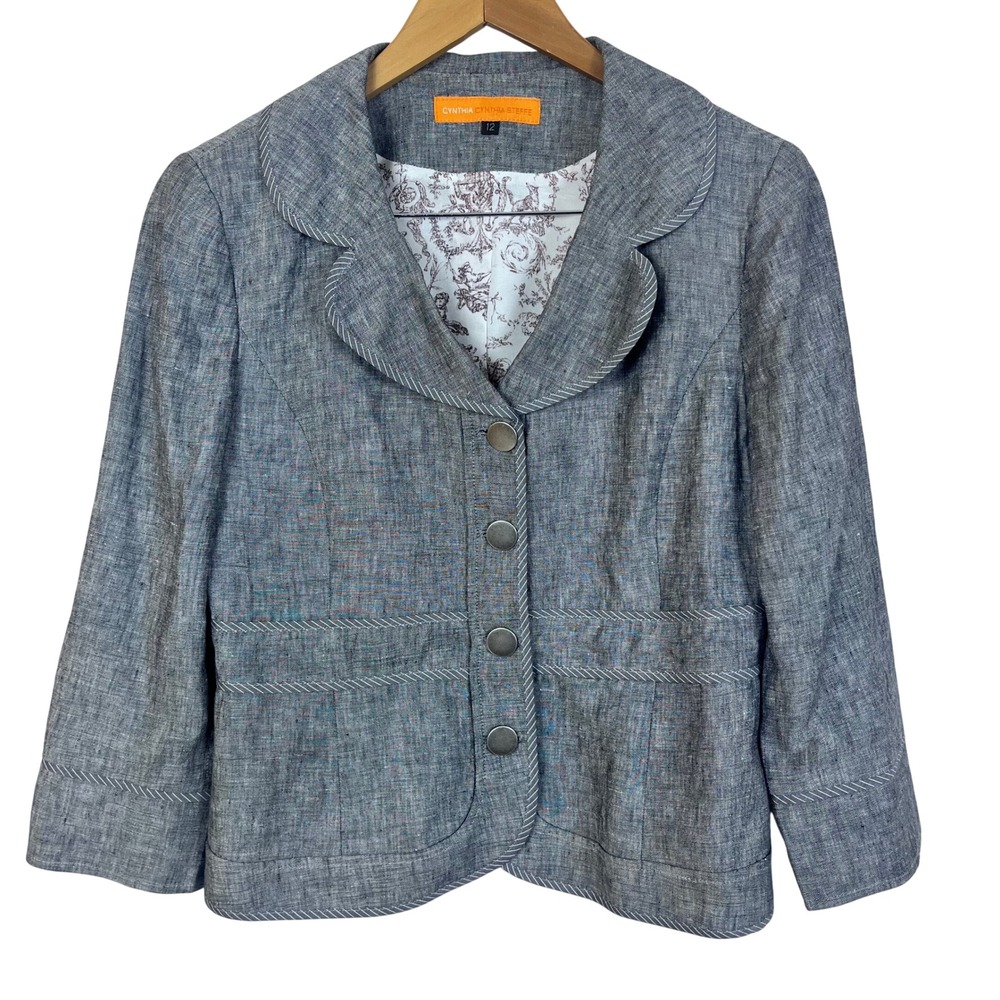 Cynthia Steffe Size 12 Grey Linen‎ Blend Blazer Button Front Jacket (D631)